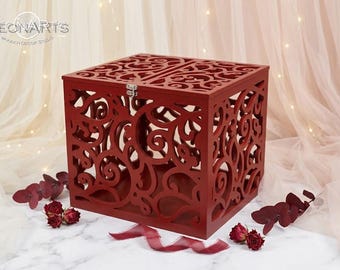 Caja para tarjetas de boda GRANDE en rojo cereza - Caja de regalo - Caja de madera contrachapada - Caja de recuerdos - Hucha para dinero de boda - Porta tarjetas de boda - Tarjetero rojo intenso