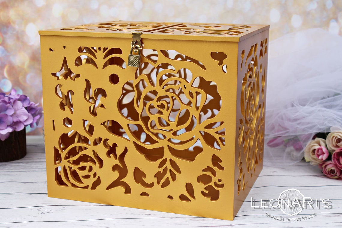 Lockable Gold Wedding Card Box With Roseswedding Etsy