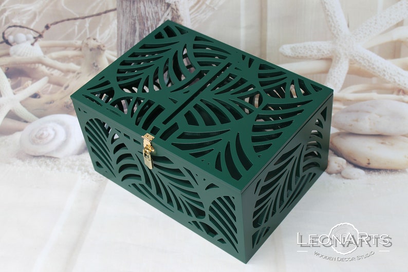 Palm leaves Wedding Card Box-Palm fronds Wedding money box-Tropical Beach Sea wedding-Lockable Green card money holder-Hawaii wedding-Gift image 6