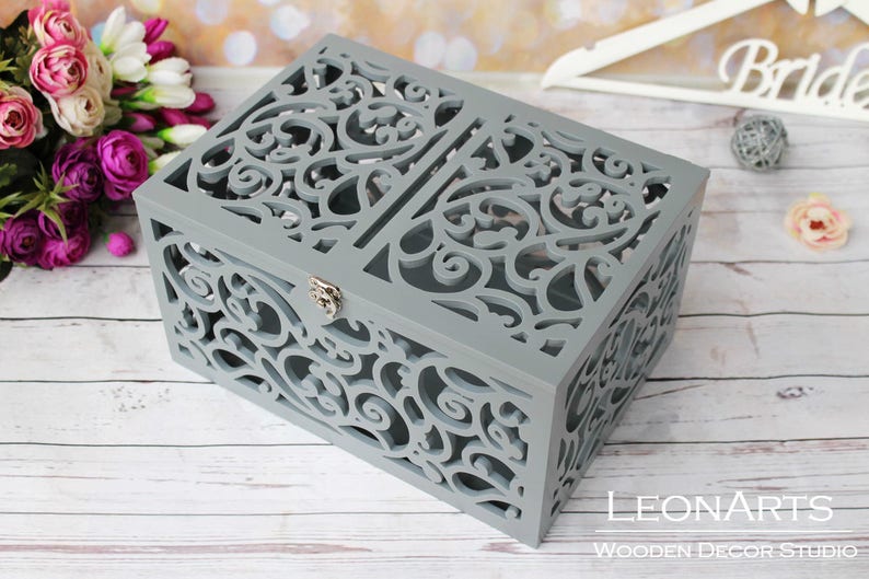 Gray Wedding Card Box With Slotkeepsake Box With Lockwedding Etsy