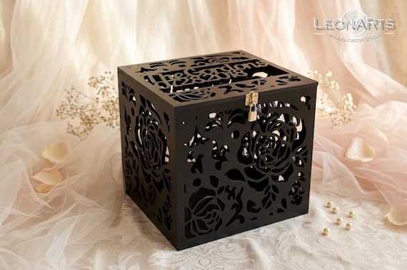 Personalized Lockable Black Wedding Card Box with Roses-Wedding Gift-Plywood box-Wedding money box with date&names-Wedding card money holder