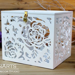 Caixa de cartão de casamento branca com chave com rosas-presente de casamento-caixa de madeira compensada-caixa de lembrança com fechadura e chave-caixa de dinheiro de casamento-porta-dinheiro de cartão de casamento