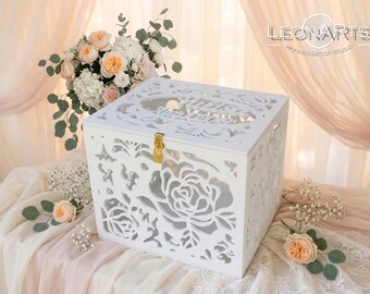 Caja para tarjetas de boda con rosas blancas - Caja de regalo de boda - Tarjetero de madera personalizado con cerradura - Caja de dinero personalizada con cerradura y llave - Caja para tarjetas con ranura