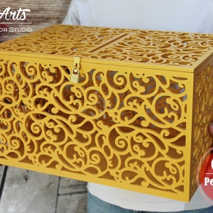Caixa de cartão de casamento com fechadura TAMANHO GRANDE - Caixa de lembrança grande dourada - Caixa de dinheiro de casamento - Porta-dinheiro para cartão de casamento - Caixa de cartão de formatura - Tamanho XXL - Presente