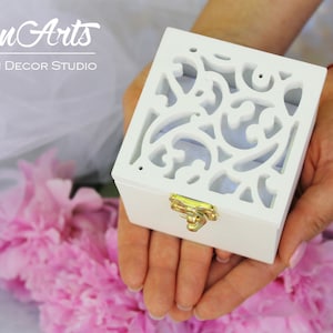 Wedding Ring Bearer Box with white satin-Plywood Ring Keepsake Box-White Ring Holder-Monograms Engagement ring box-Wedding Gift-Proposal box