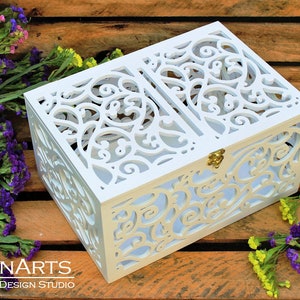 Wedding Card Box with slot-Wedding Gift-Keepsake Box with lock-Wedding money box-Wedding card money holder-White Card Holder-Gift card box image 1