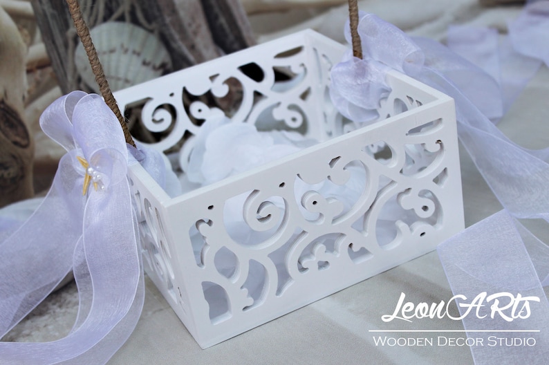 Beach Flower Girl Basket-Here comes theBride-White Tropical Petals Basket-Girls Gift basket-Wooden Wedding burlap basket-Bride Hawaii basket
