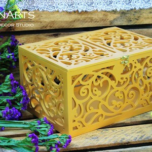 Caja de tarjetas de boda doradas - Regalo de boda - Caja de madera contrachapada - Caja de recuerdo de historia de amor - Hucha de boda - Portatarjetas de boda - Portatarjetas de regalo - Caja de dulces