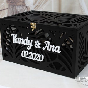 Caixa de cartão de casamento com folhas de palmeira personalizada - Caixa de dinheiro com folhas de palmeira - Casamento tropical no mar da praia - Porta-dinheiro para cartão de casamento com chave - Havaí - Presente