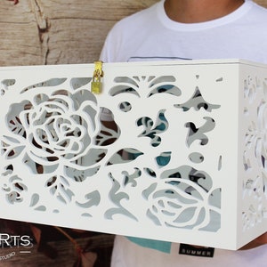 Caixa de cartão de casamento com rosas TAMANHO GRANDE - Caixa de lembrança grande - Caixa de dinheiro com fechadura - Porta-dinheiro para cartão de casamento - Caixa de cartão de formatura - Tamanho XXL - Presente