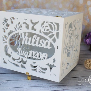 Personalisierte abschließbare weiße Rosen Hochzeit Kartenbox-Hochzeit Geschenkbox-Holz Kartenhalter mit Schloss und Schlüssel-benutzerdefinierte Spardose-Kartenbox mit Schlitz