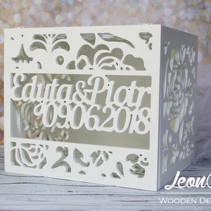 Caixa de cartão de casamento personalizada em marfim com rosas-presente de casamento-caixa de madeira compensada-caixa de dinheiro de casamento com data e nomes-porta-dinheiro de cartão de casamento-presente