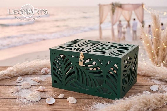 Palm leaves Wedding Card Box-Palm fronds Wedding money box-Tropical Beach Sea wedding-Lockable Green card money holder-Hawaii wedding-Gift
