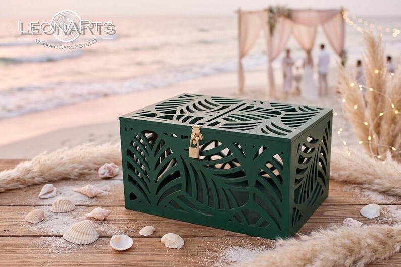 Palm leaves Wedding Card Box-Palm fronds Wedding money box-Tropical Beach Sea wedding-Lockable Green card money holder-Hawaii wedding-Gift image 1