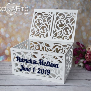 Caixa de dinheiro personalizada para cartão de casamento com slot - Porta-cartão de casamento com trava - Porta-dinheiro para cartão branco e azul - Caixa de presente de casamento - Caixa personalizada de madeira