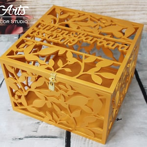 Abschließbare personalisierte Hochzeitskarte Box-Gold Aufbewahrungsbox Schloss & Schlüssel-Blatt Spardose-Hochzeitskarte Geldhalter-Hochzeitsgeschenk-Zweig der Baumbox