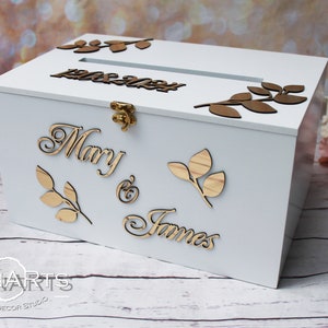 Scatola porta biglietti di nozze personalizzata - Salvadanaio bianco per matrimonio - Porta soldi rustico per biglietti di nozze - Scatola porta biglietti di nozze personalizzata - Scatola porta posta per matrimonio boho