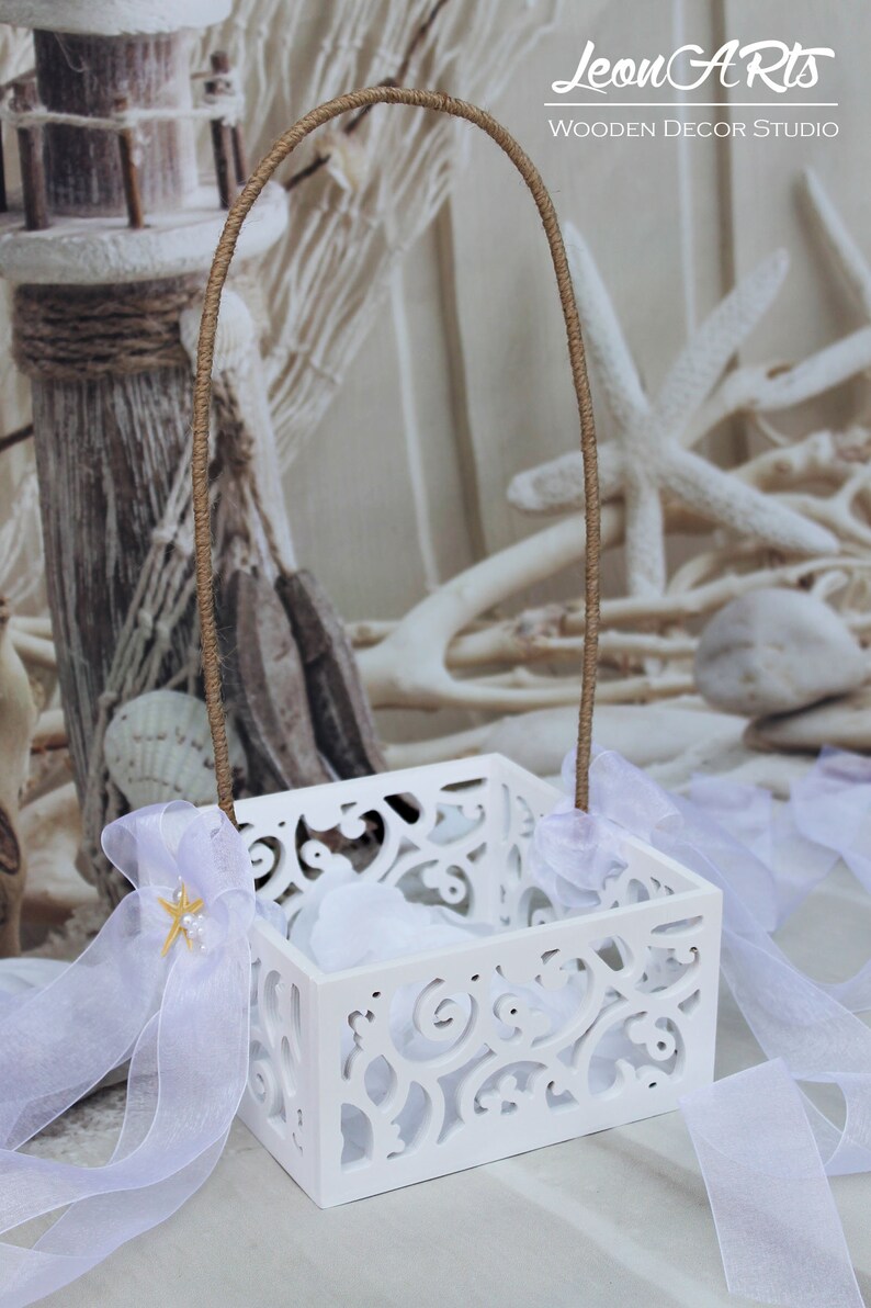 Beach Flower Girl Basket-Here comes theBride-White Tropical Petals Basket-Girls Gift basket-Wooden Wedding burlap basket-Bride Hawaii basket
