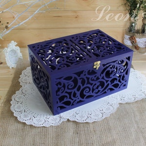 Wedding Card Box in Navy Blue-Gift-Wood Keepsake Box with slot-Wedding money box with lock-Wedding card money holder-Blue reception box image 3