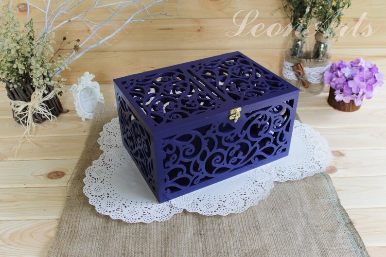 Wedding Card Box in Navy Blue-Gift-Wood Keepsake Box with slot-Wedding money box with lock-Wedding card money holder-Blue reception box image 3