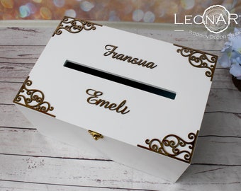 Personalized Wedding Card Box-Wedding money box with names-Custom Wedding card money holder-Wedding Gift-White money box with card slot