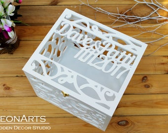 Personalized Wedding Card Box BIG SIZE-Plywood box-Keepsake Box-Wedding money box with date&names-Wedding card money holder-White CardHolder