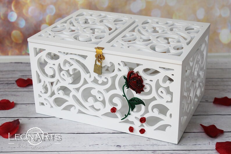 Beauty and the Beast Enchanted Rose Wedding card money box with slot-Magic of the Roses-Red Rose Lockable card holder-Wedding gift box