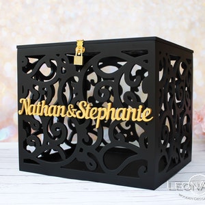 Caixa de dinheiro personalizada para cartão de casamento em preto e dourado - Porta-dinheiro para cartão de casamento - Caixa para cartão de casamento com fechadura e slot - Caixa para cartão com fechadura - Caixa para presente