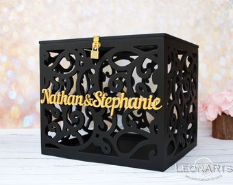 Personalized Wedding card money box in black&gold-Wedding card money holder-Wedding card box with lock and slot-Lockable card box-Gift box