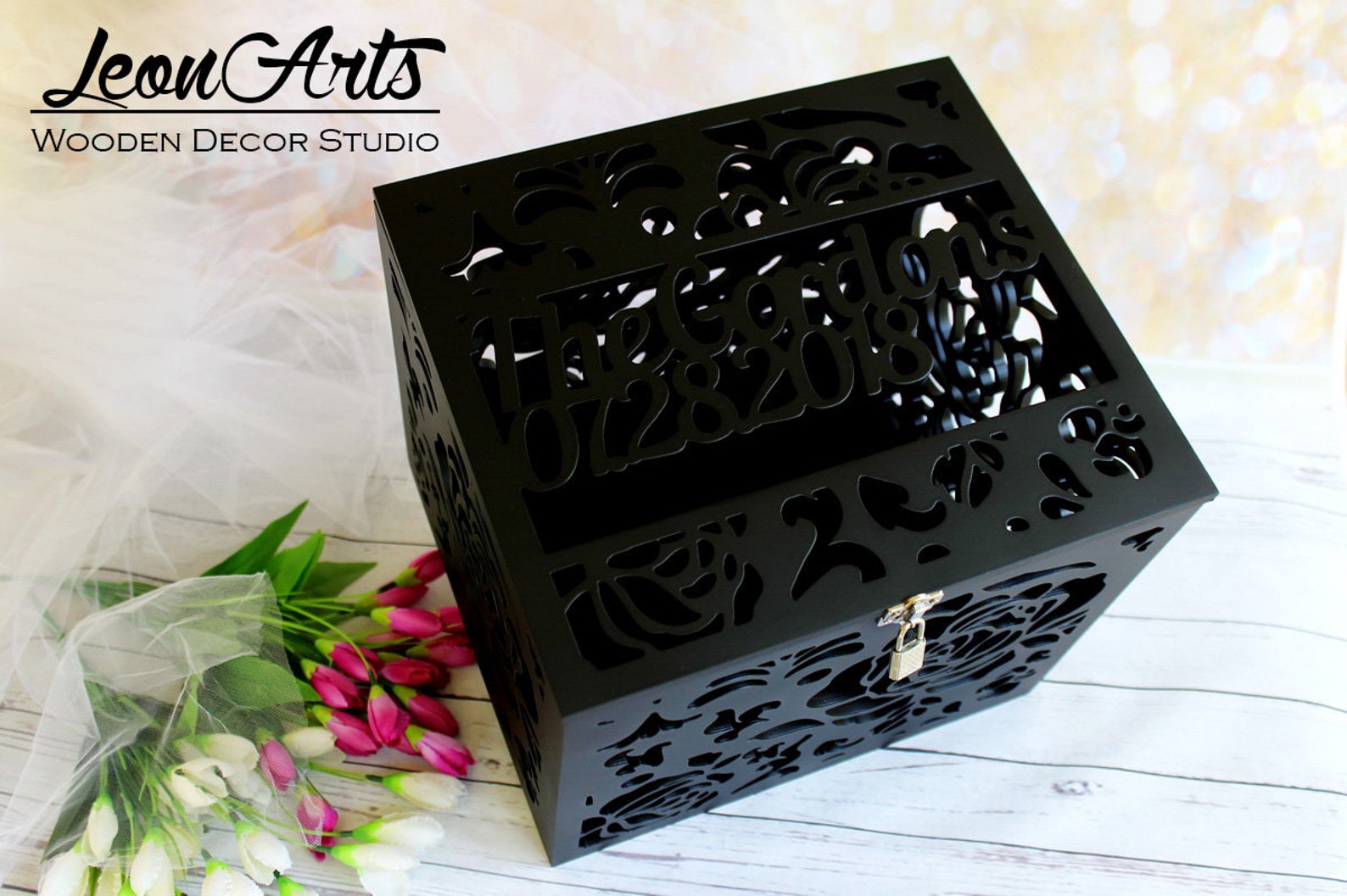 Personalized Lockable Black Wedding Card Box With Roses-wedding Gift ...