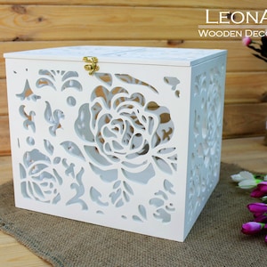 Scatola per biglietti di nozze bianca con rose - Scatola regalo di nozze - Scatola di legno - Scatola ricordo di nozze - Salvadanaio di nozze - Porta soldi per biglietti di nozze con fessura