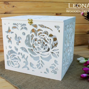 White Wedding Card Box with Roses-Wedding Gift box-Wooden box-Wedding Keepsake Box-Wedding money box-Wedding card money holder with slot