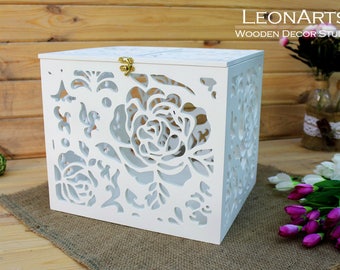 White Wedding Card Box with Roses-Wedding Gift box-Wooden box-Wedding Keepsake Box-Wedding money box-Wedding card money holder with slot