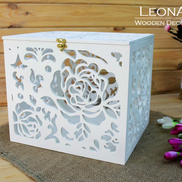 White Wedding Card Box with Roses-Wedding Gift box-Wooden box-Wedding Keepsake Box-Wedding money box-Wedding card money holder with slot