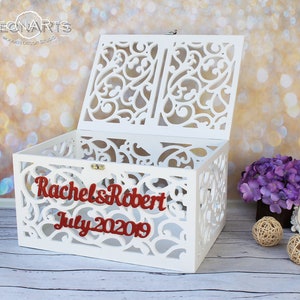 Personalisierte Hochzeitskarte Spardose mit Schlitz-Hochzeitskartenhalter mit Schloss-White & Red Kartengeldhalter-Hochzeitsgeschenkbox-Holzbox nach Maß