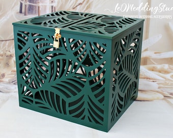 Palm leaves Wedding Card Box-Dark green Palm fronds money box-Tropical Beach Sea box-Lockable Wedding card money holder-Hawaii wedding-Gift