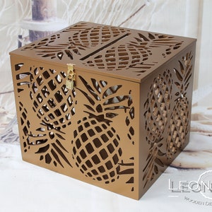 Caixa de dinheiro para cartão de casamento de abacaxi em ouro antigo - Porta-cartões com slot e trava - Caixa de cartão Tropical Beach Hawaii - Porta-moedas com chave