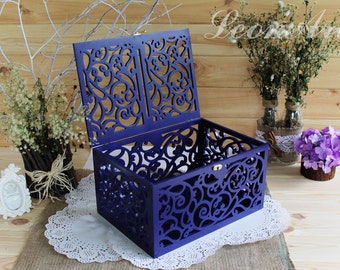 Wedding Card Box in Navy Blue-Gift-Wood Keepsake Box with slot-Wedding money box with lock-Wedding card money holder-Blue reception box