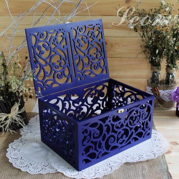 Wedding Card Box in Navy Blue-Gift-Wood Keepsake Box with slot-Wedding money box with lock-Wedding card money holder-Blue reception box