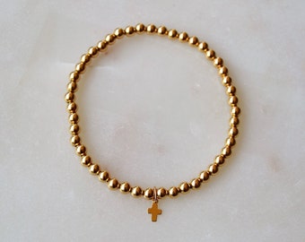 Anna | 3mm 14K Gold Filled Bead Bracelet with Cross | 3mm Sterling Silver Bead Bracelet with Cross | Gold Cross Bracelet | Baptism Gift