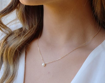 Dainty Freshwater Button Pearl Necklace in choice of 14K Gold Filled or Sterling Silver | Bridesmaids Gift | Bridesmaids Jewelry
