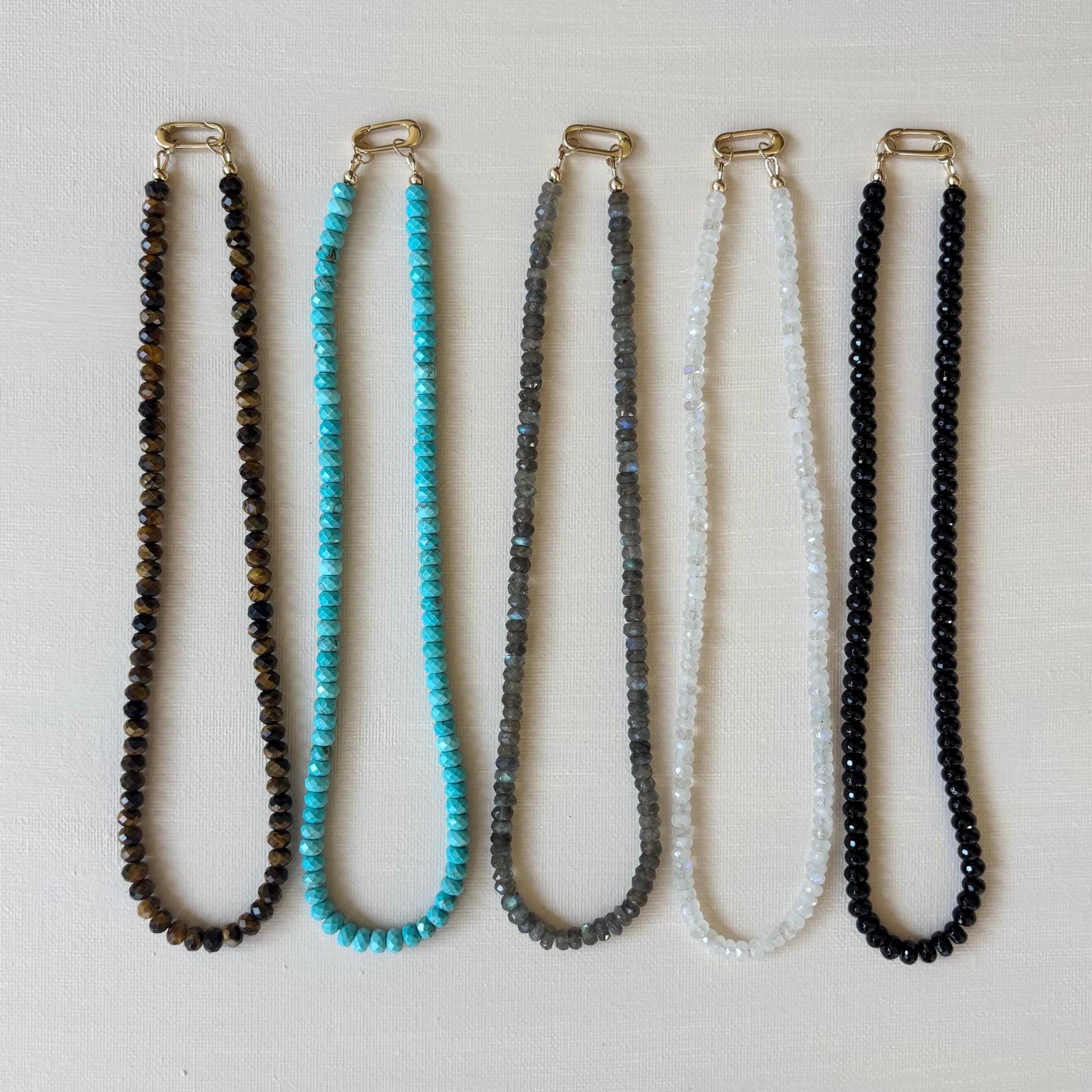 Gemstone Necklace with Carabiner Clasp Gemstone Beaded Charm Necklace Turquoise Bead Necklace Moonstone Onyx Tigers Eye Labradorite Necklace