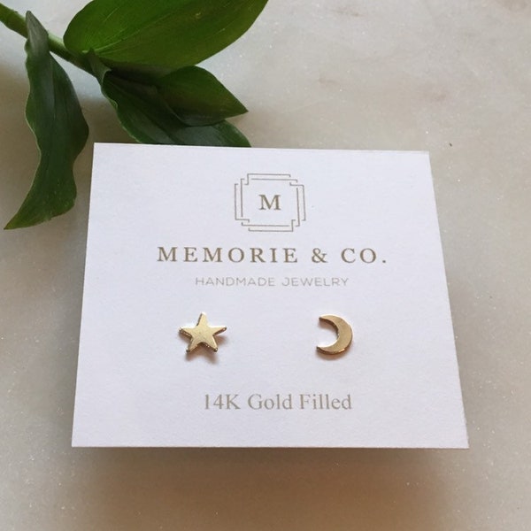 14k Gold Filled Star and Moon Stud Earrings Minimalist Earrings Dainty Celestial Earrings Hypoallergenic Gold Earrings