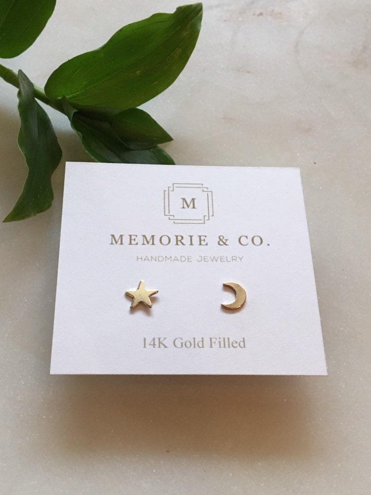 14k Gold Filled Star and Moon Stud Earrings | Minimalist Earrings | Dainty Earrings | Dainty Gold Earrings