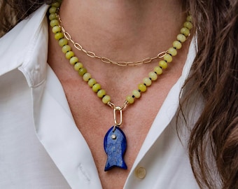 Lemon Jade Candy Beaded Necklace with Charm Holder Beach Necklace Gemstone Beaded Necklace with Lapis Fish Pendant on Carabiner Clasp