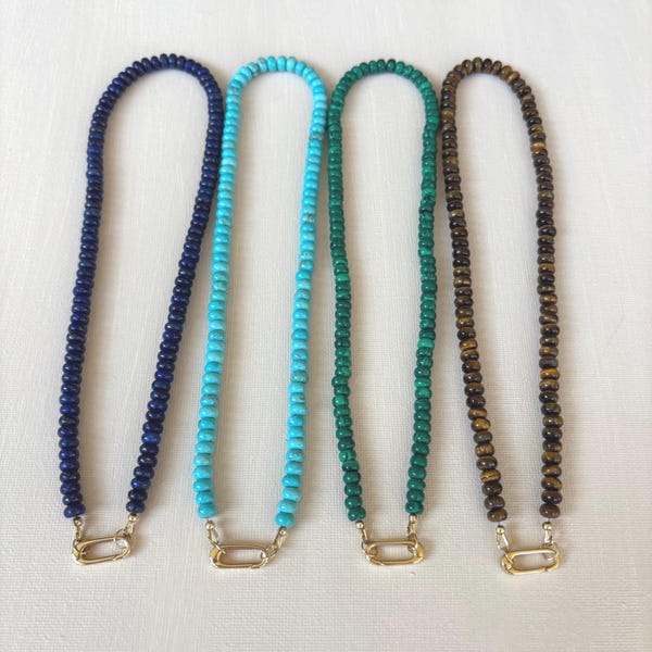 Gemstone Necklace with Charm Holder Turquoise Beaded Necklace with Carabiner Clasp Lapis Bead Necklace Malachite Necklace Tigers Eye Choker