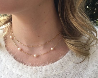 The Caroline | 14k Gold Filled Bar Necklace with Freshwater Pearls | Minimalist Necklace | Dainty Pearl Necklace | Freshwater Pearl Necklace