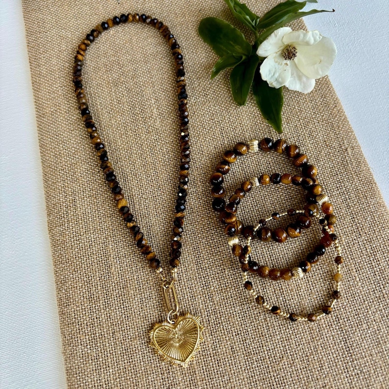 Gemstone Necklace with Carabiner Clasp Gemstone Beaded Charm Necklace Turquoise Bead Necklace Moonstone Onyx Tigers Eye Labradorite Necklace immagine 2