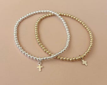 Gold Cross Bracelet 14K Gold Filled Bead Bracelet with Cross Charm Sterling Silver Cross Bracelet Confirmation or Baptism Gift Idea for Her