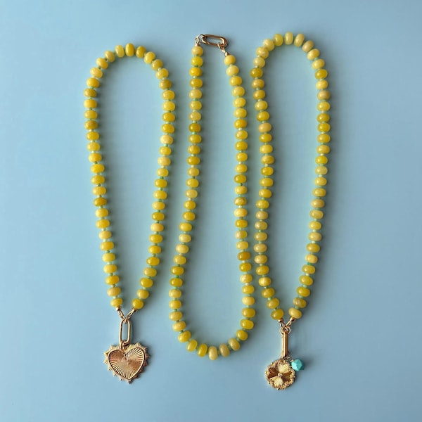 Gemstone Candy Necklace with Carabiner Clasp Gemstone Beaded Charm Necklace Lemon Jade Mothers Day Gift Idea for Mom Fun Summer Necklace